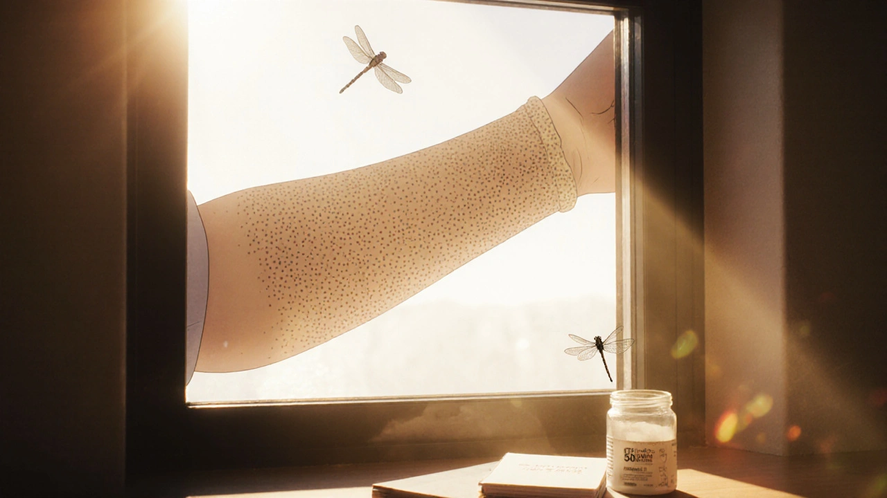 A patient&#039;s arm with rough skin patches seen through a sunlit window, protected by UPF clothing.