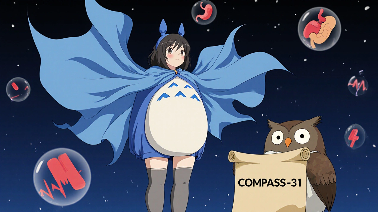 A patient in compression stockings supported by a wind spirit guiding blood upward, with an owl holding a medical scroll.