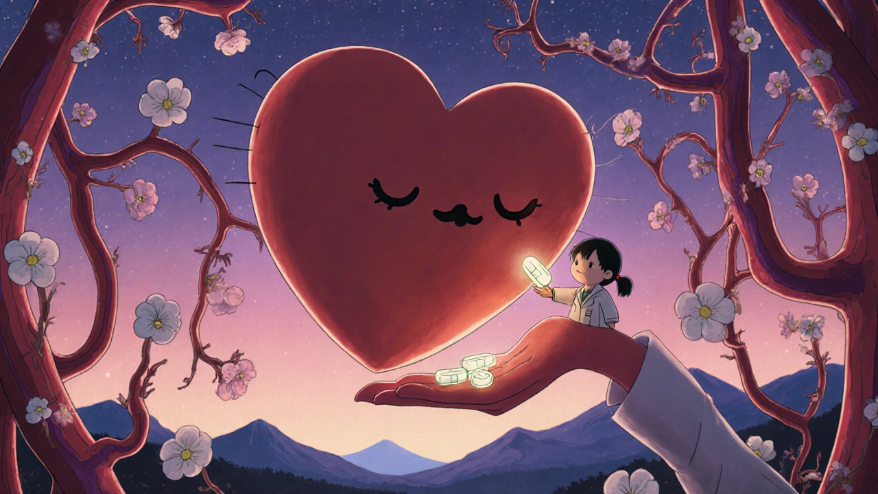 A peaceful heart receives a glowing pill as relaxed arteries bloom like flowers around it in a twilight sky.