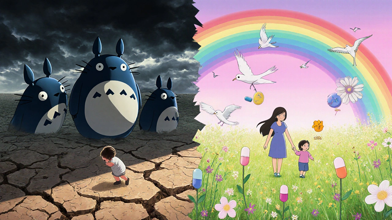 A peaceful meadow with safe medication flowers vs. stormy dangers, mother and baby walking safely under a rainbow.