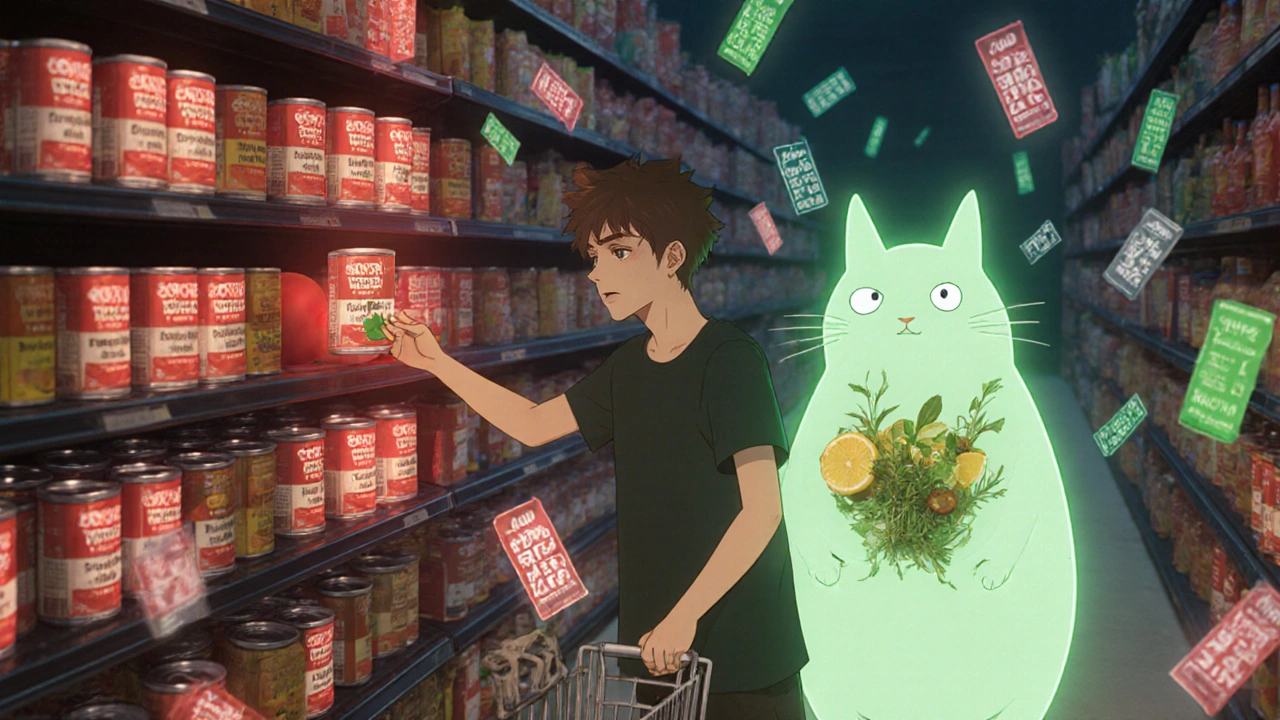 A person choosing a low-sodium can in a magical grocery store, guided by a spirit made of herbs and citrus.