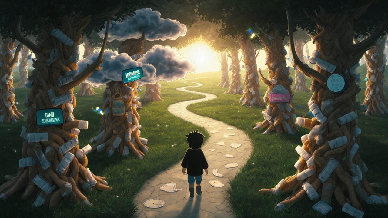 A person walking through a forest of cigarette trees, guided by glowing medicinal symbols toward sunrise.