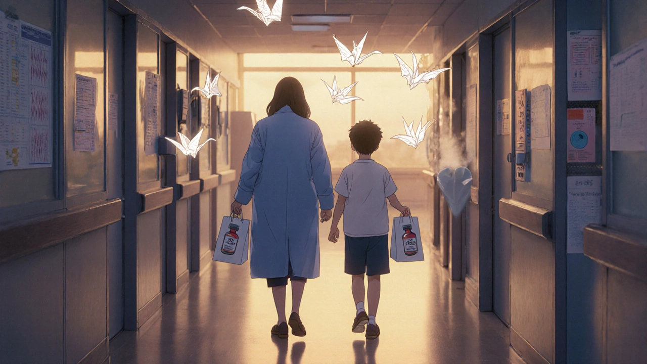 A pharmacist and patient walking together in a hospital hallway with glowing paper cranes symbolizing adherence.