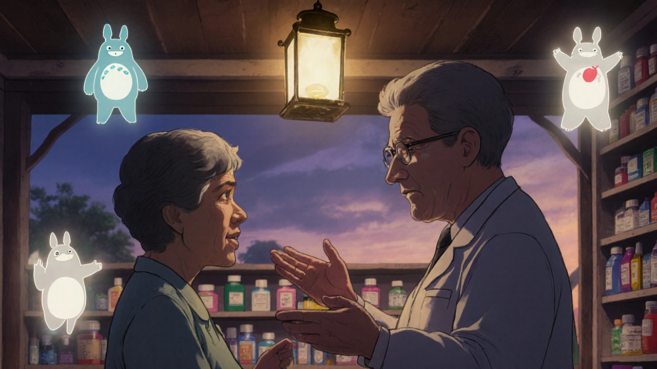A pharmacist explaining generics to an older patient in a warm, glowing pharmacy.