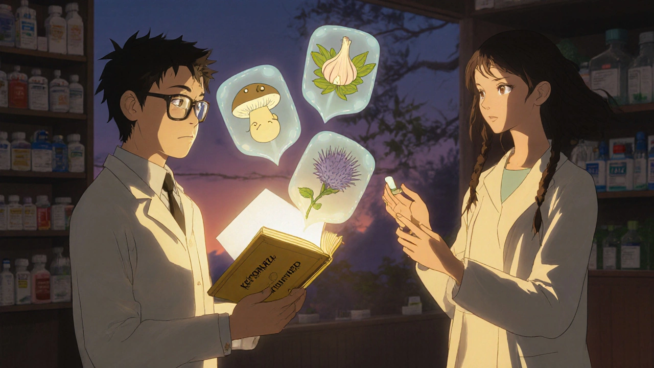 A pharmacist in a cozy pharmacy holding a glowing medication map, with floating drug symbols around them.