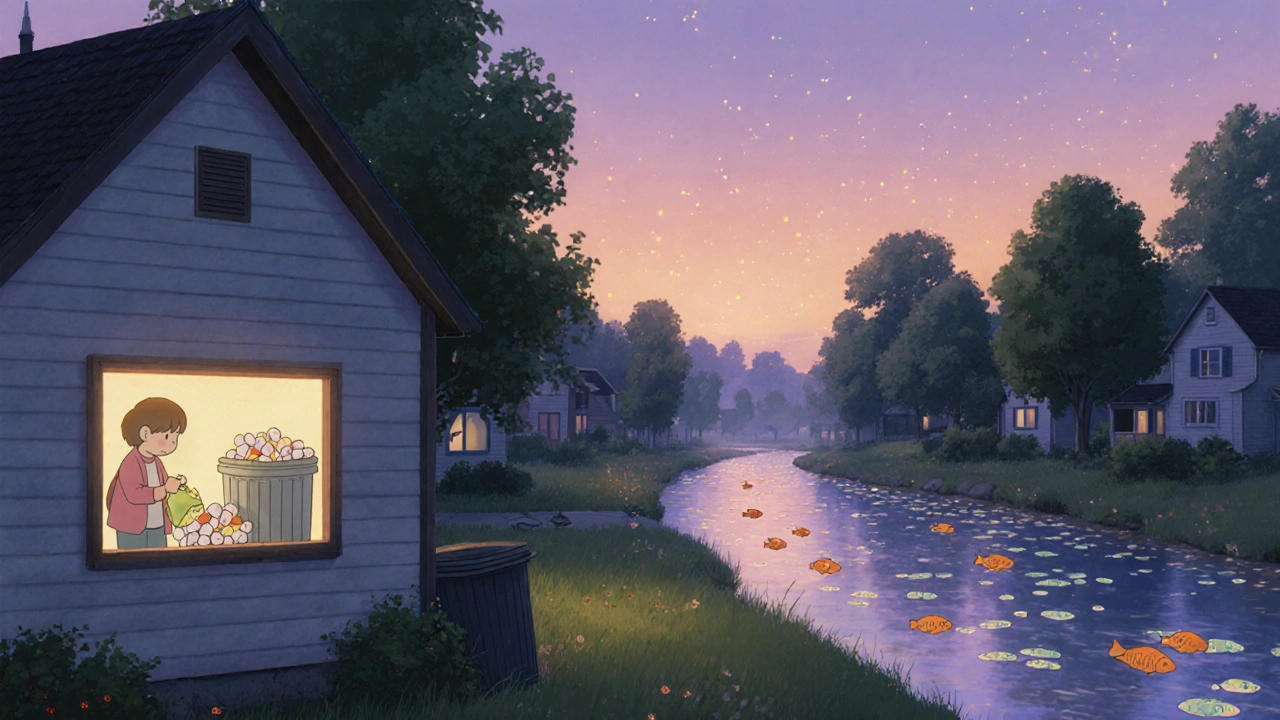 A quiet rural home at dusk with a clean river flowing nearby, pharmaceuticals fading from the water.