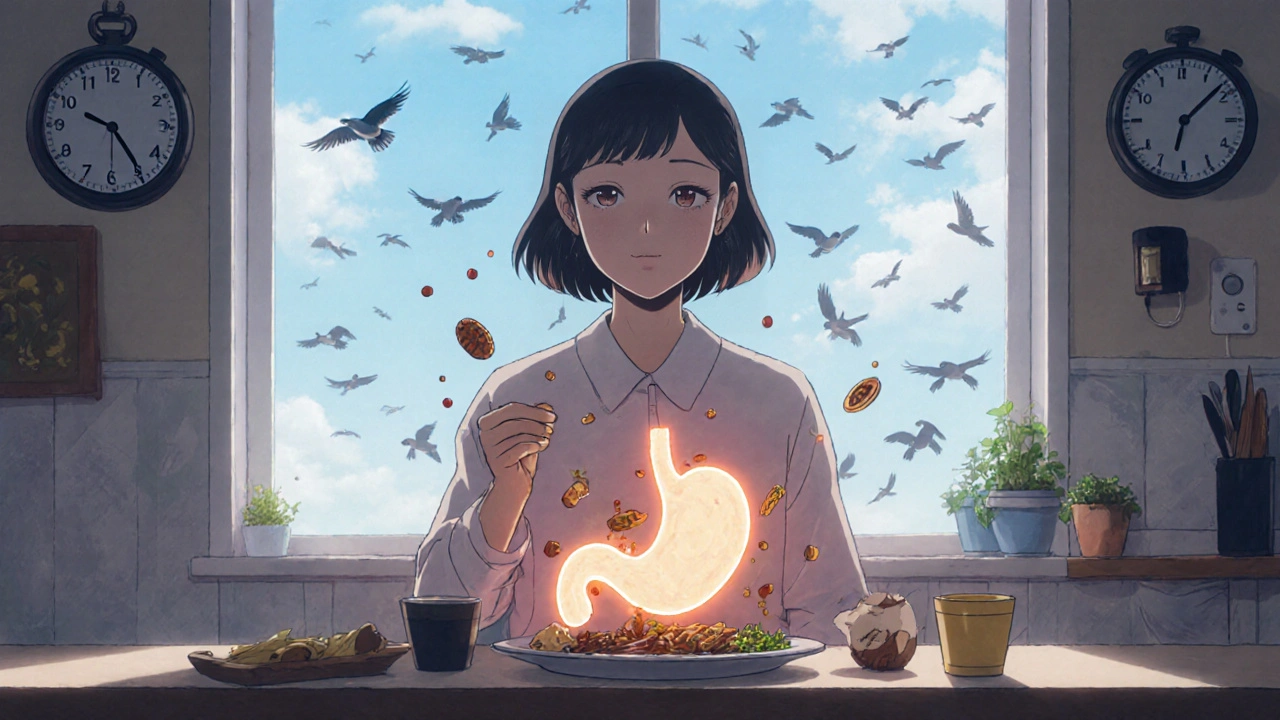 A woman at a kitchen table with floating food above her plate, symbolizing delayed stomach emptying in a gentle anime style.