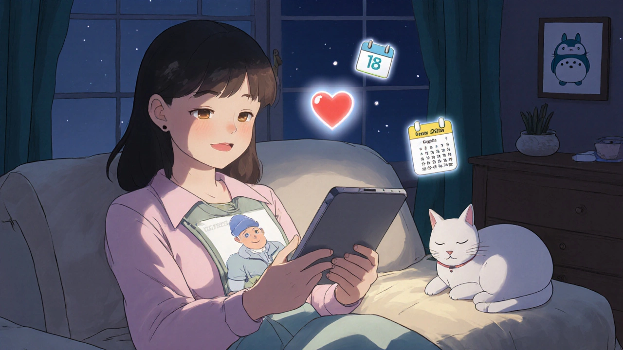 A woman watching a pharmacist via tablet in her living room, with floating icons of cost savings and a sleeping cat.