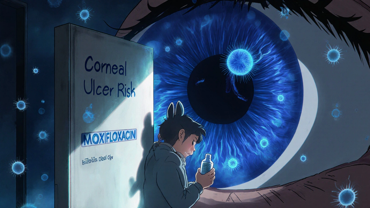 An adult holding moxifloxacin as antibiotic currents penetrate a glowing cornea.