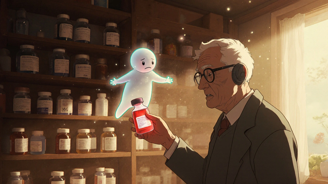 An elderly man facing a smart pill bottle with a glowing red light, a gentle spirit figure beside him, in warm lamplight.