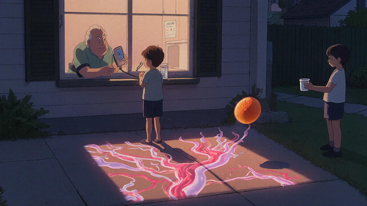 An elderly person checks blood pressure at dawn as animated vessels gently widen beneath the pavement.