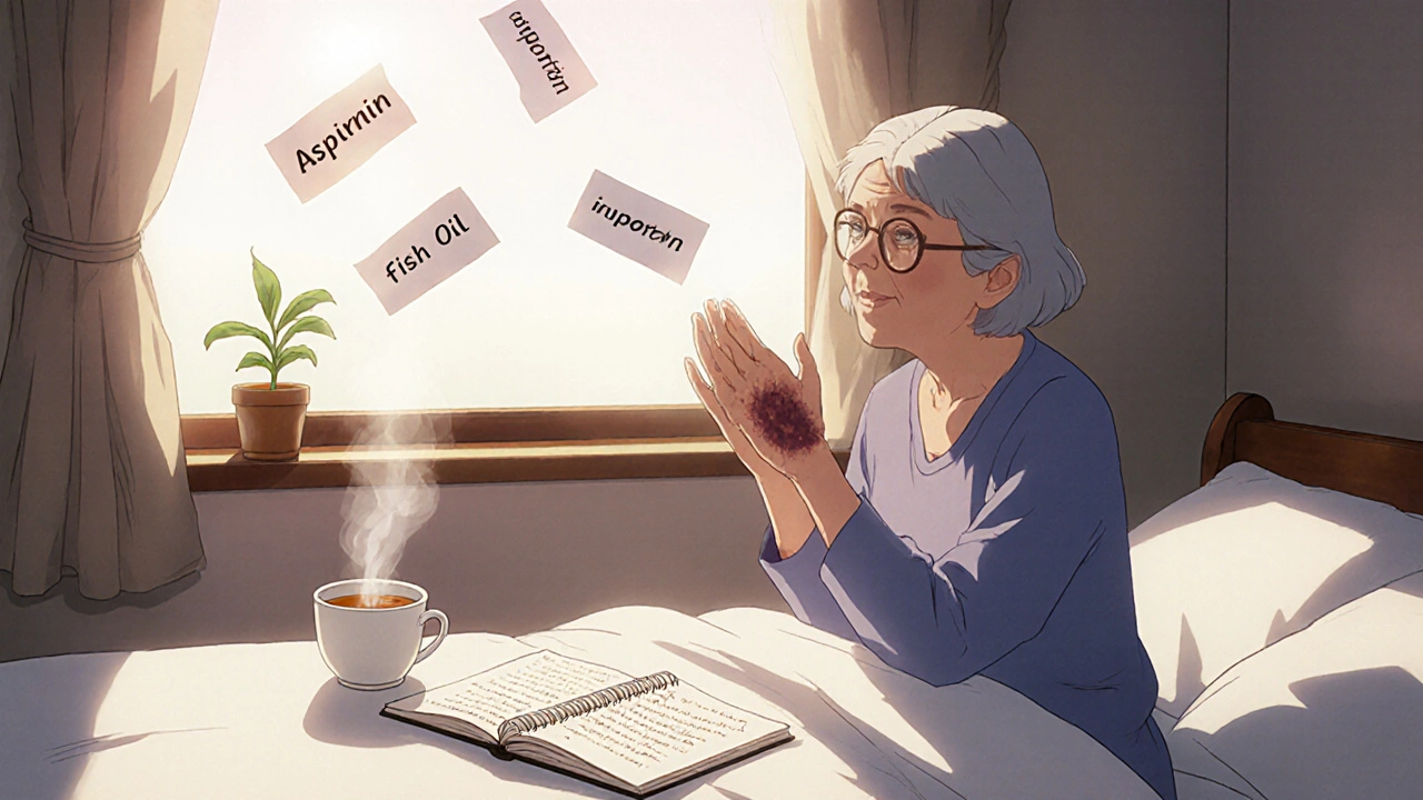 An older woman noticing a fading bruise, with a notebook and tea beside her, symbolizing medication awareness.