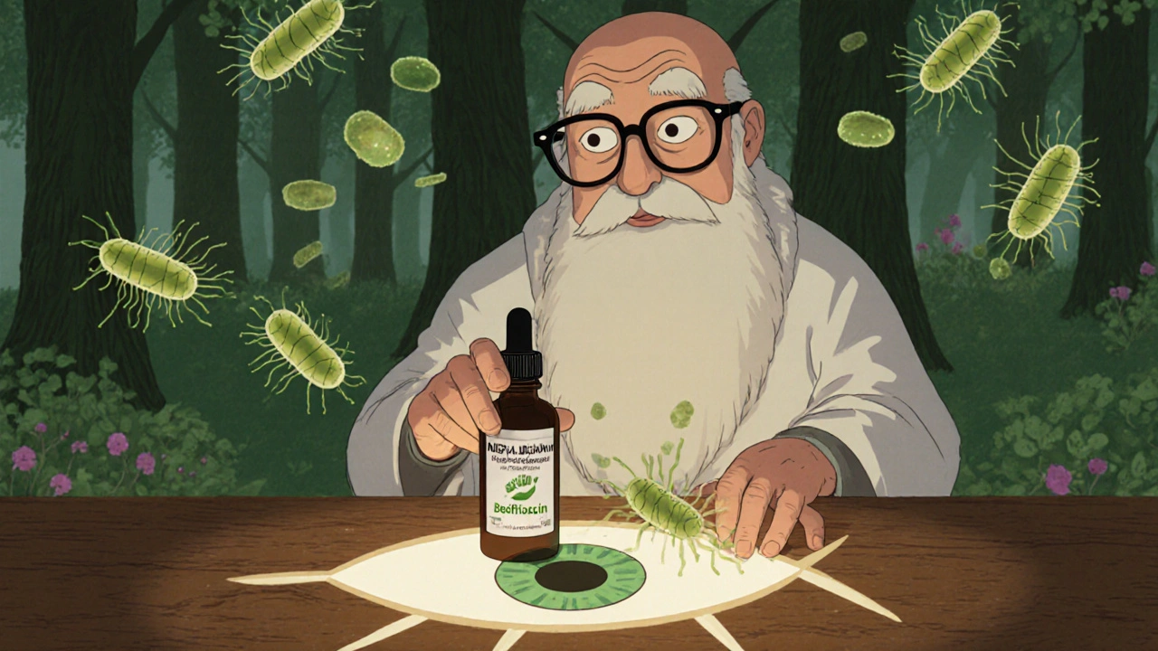 An ophthalmologist placing two eye drop bottles beside a glowing eye diagram.