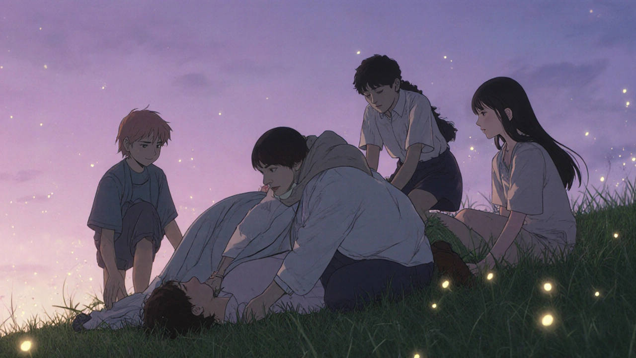 Bystanders placing an unconscious person in recovery position on a grassy hill at dusk, covered with a blanket.