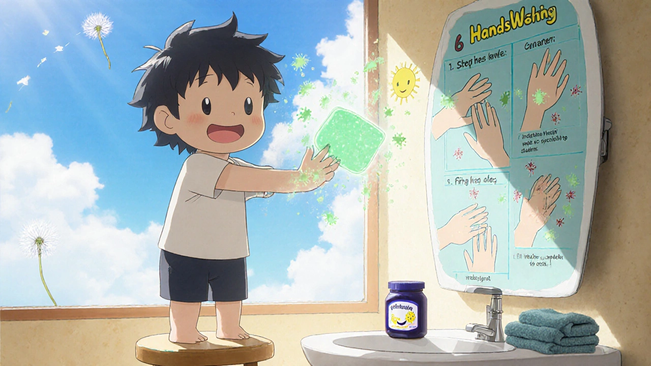 Child using glow soap that reveals fleeing germs, with an animated handwashing chart on the mirror and a moisturizer jar visible.