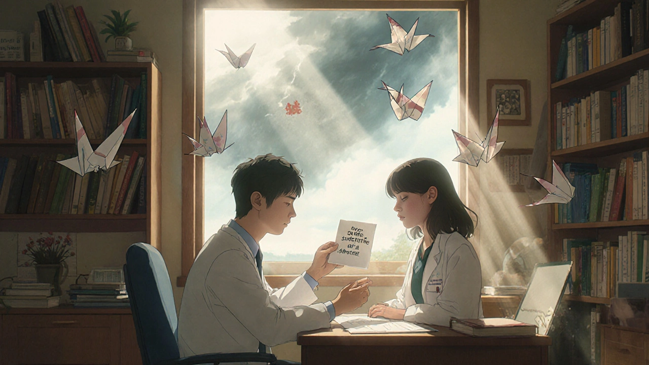 Doctor and patient reviewing floating blood test results in a warm, book-filled office.