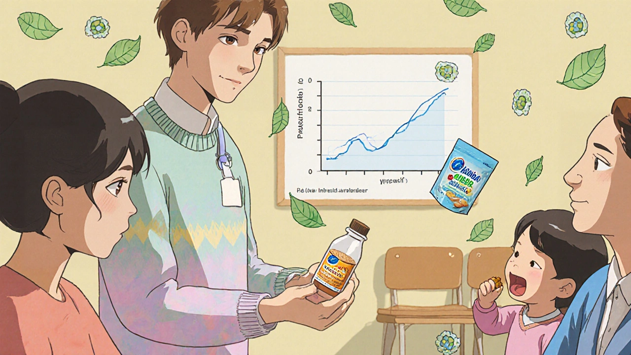 Doctor introducing peanut powder to a toddler in a gentle clinic setting.