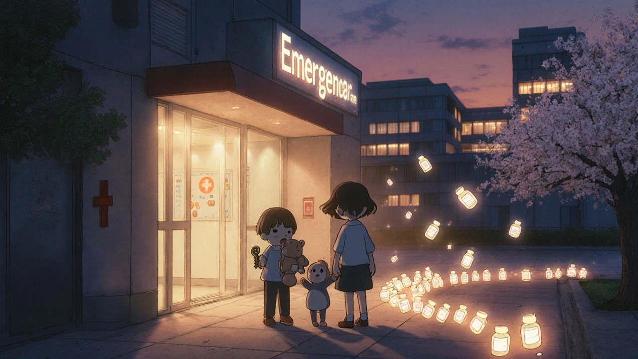 Family outside hospital at dusk, holding locked medicine cabinet key as pill bottles fade into wind.