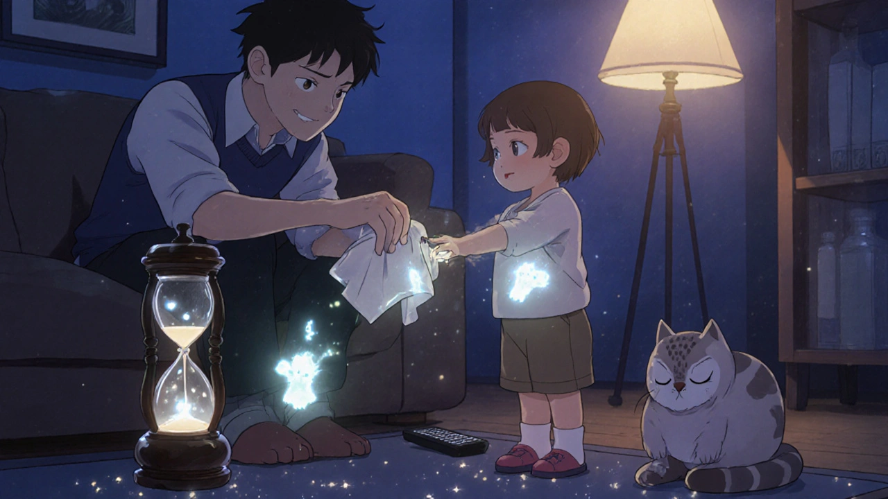 Father drying hands with paper towel as ghostly germs hover near a toddler reaching for a remote, with a sand timer nearby.