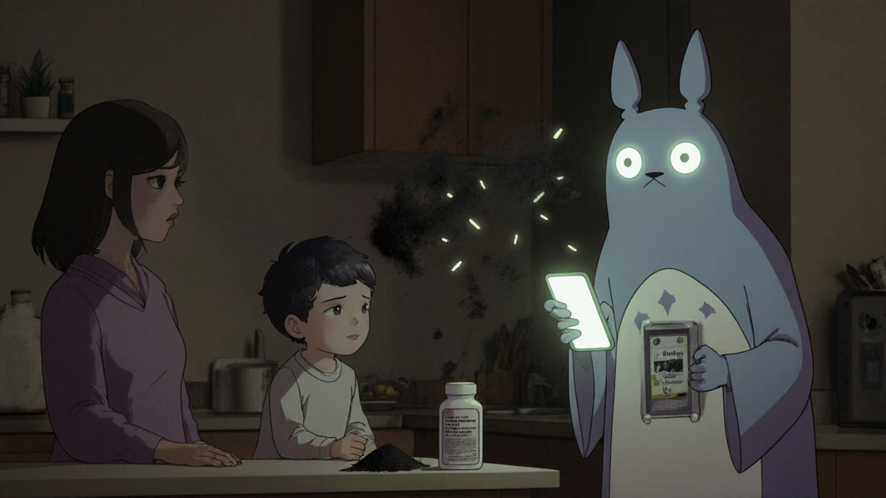 Parent with child at kitchen counter, glowing poison control spirit guiding them from a phone screen.