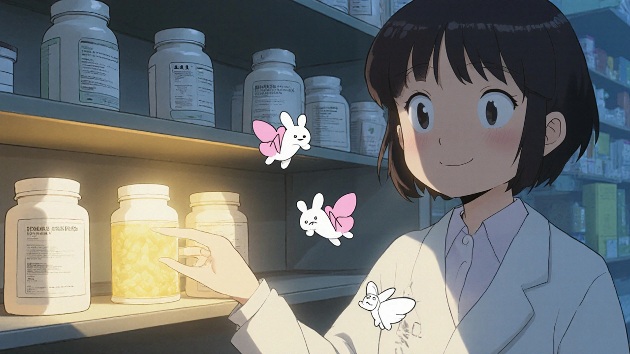 Pharmacy shelf with glowing pill bottles, spirit-like forms representing thyroid and heart risks.