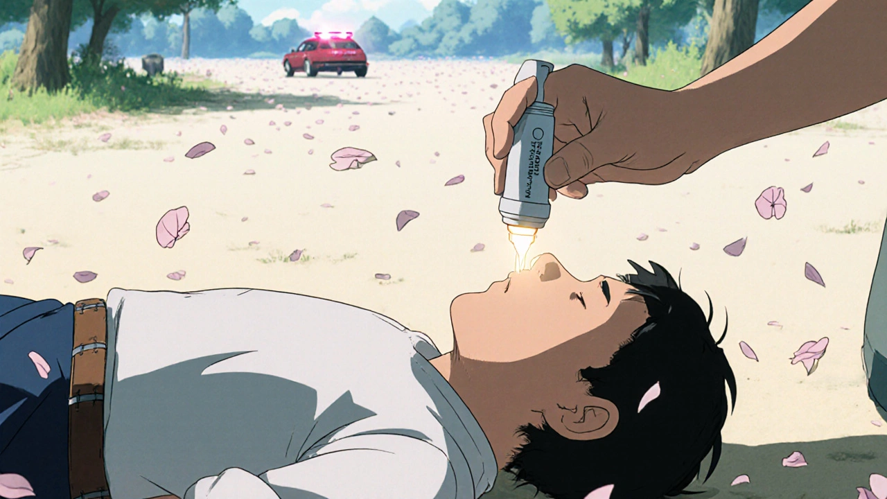 Someone administering naloxone nasal spray to an unconscious person, with a gentle glow and distant sirens.