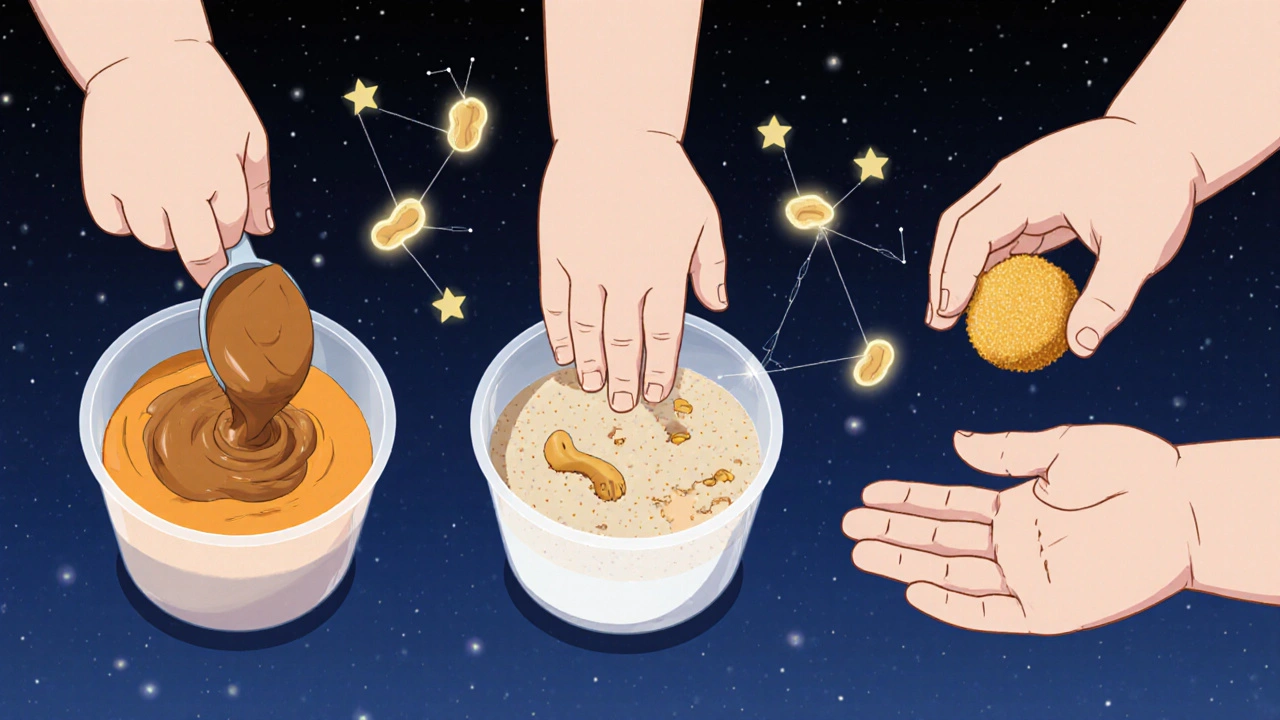 Three safe peanut forms presented to babies under a starry twilight sky.