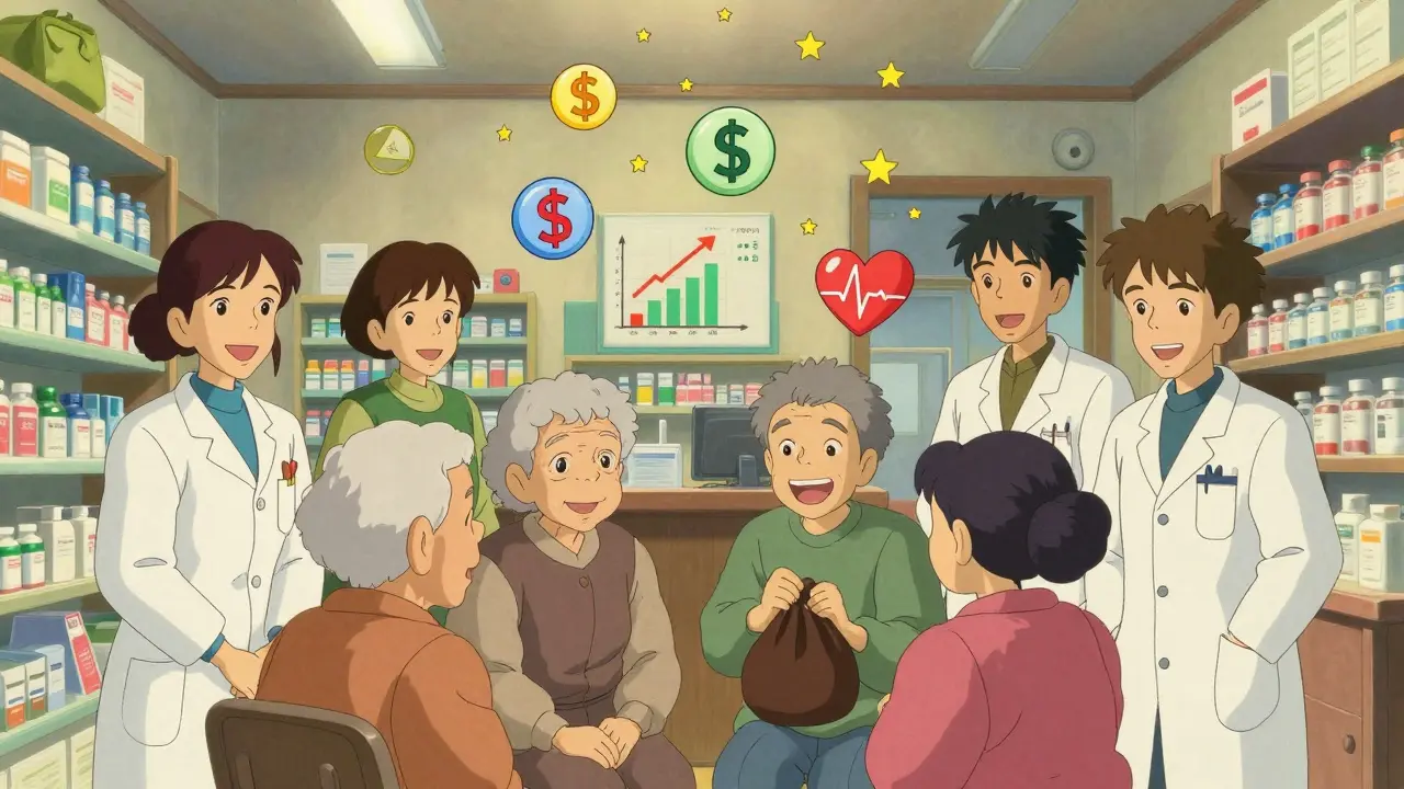 A cheerful pharmacy scene with seniors and staff surrounded by floating icons of savings and health improvements.