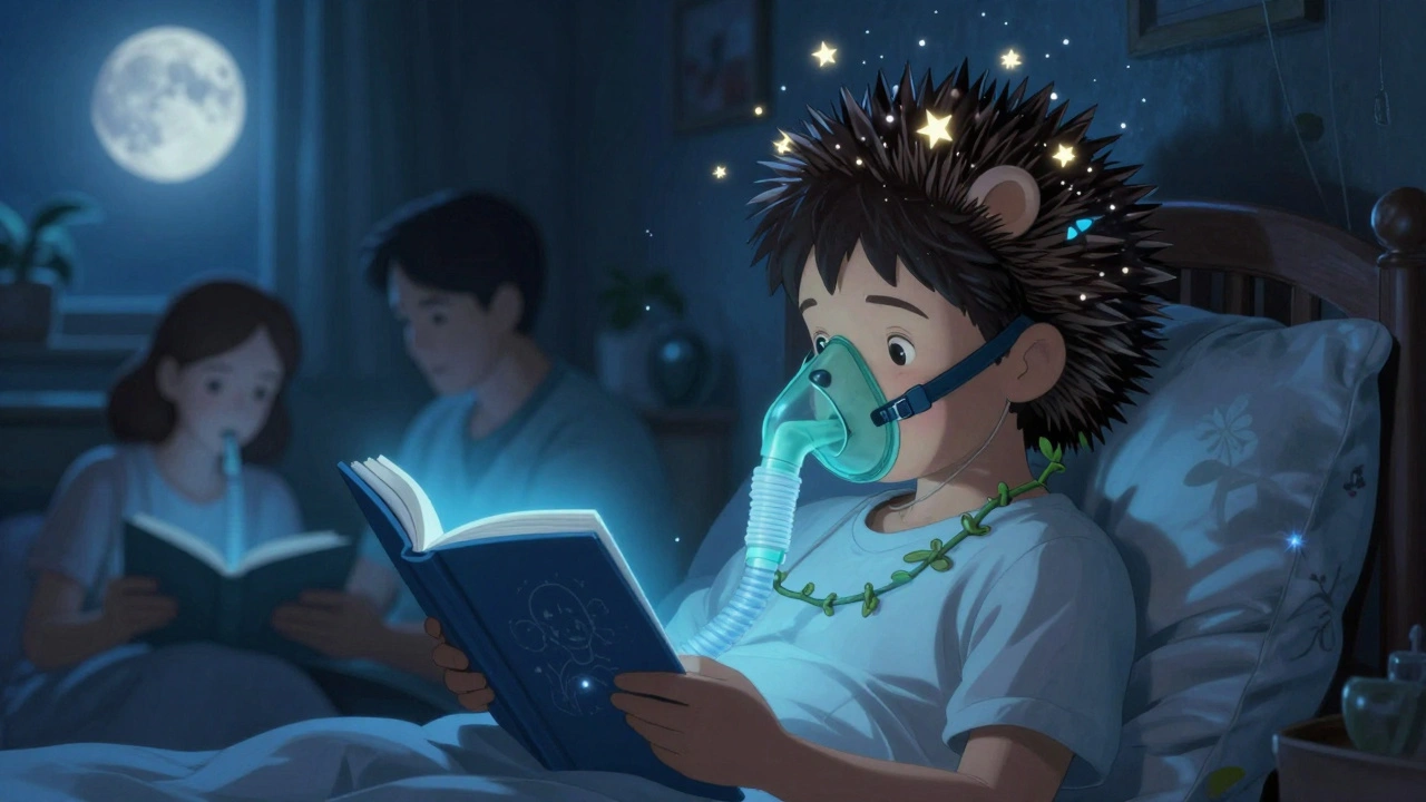 A child wears a hedgehog-shaped CPAP mask as stars swirl with their breath in a quiet, moonlit bedroom.