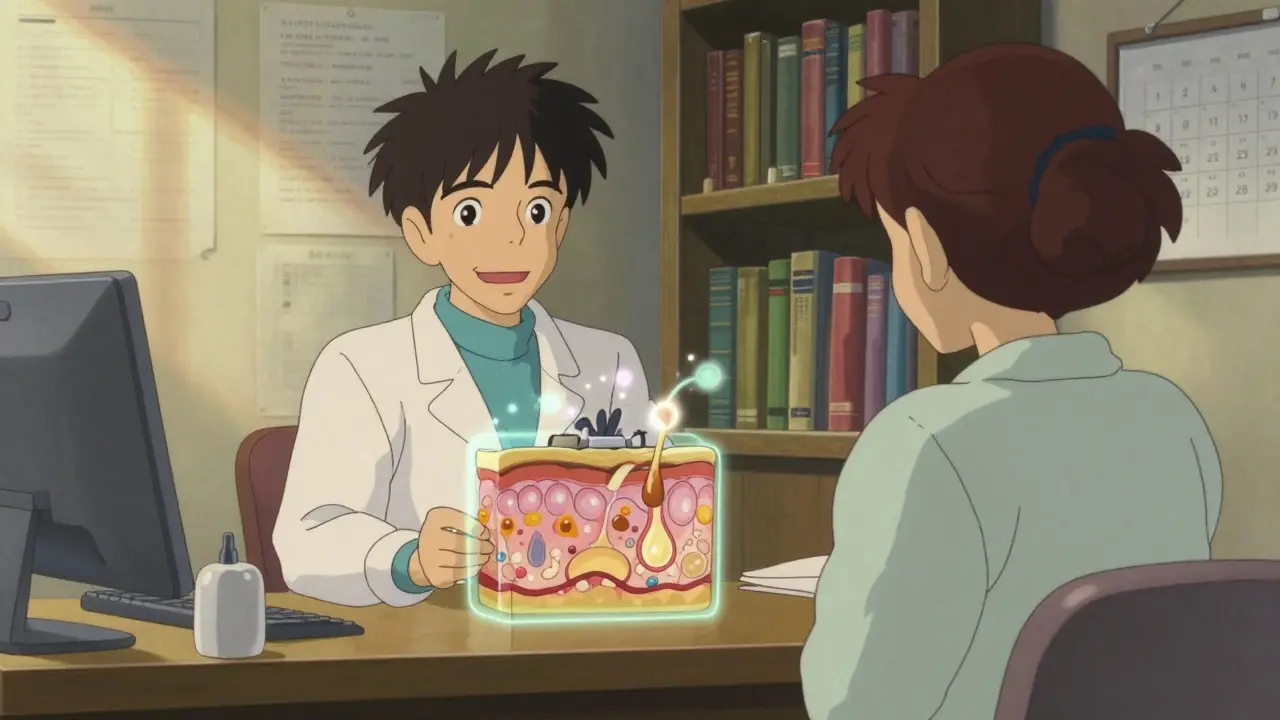 A dermatologist and patient in a warm office with a glowing diagram of skin changes.