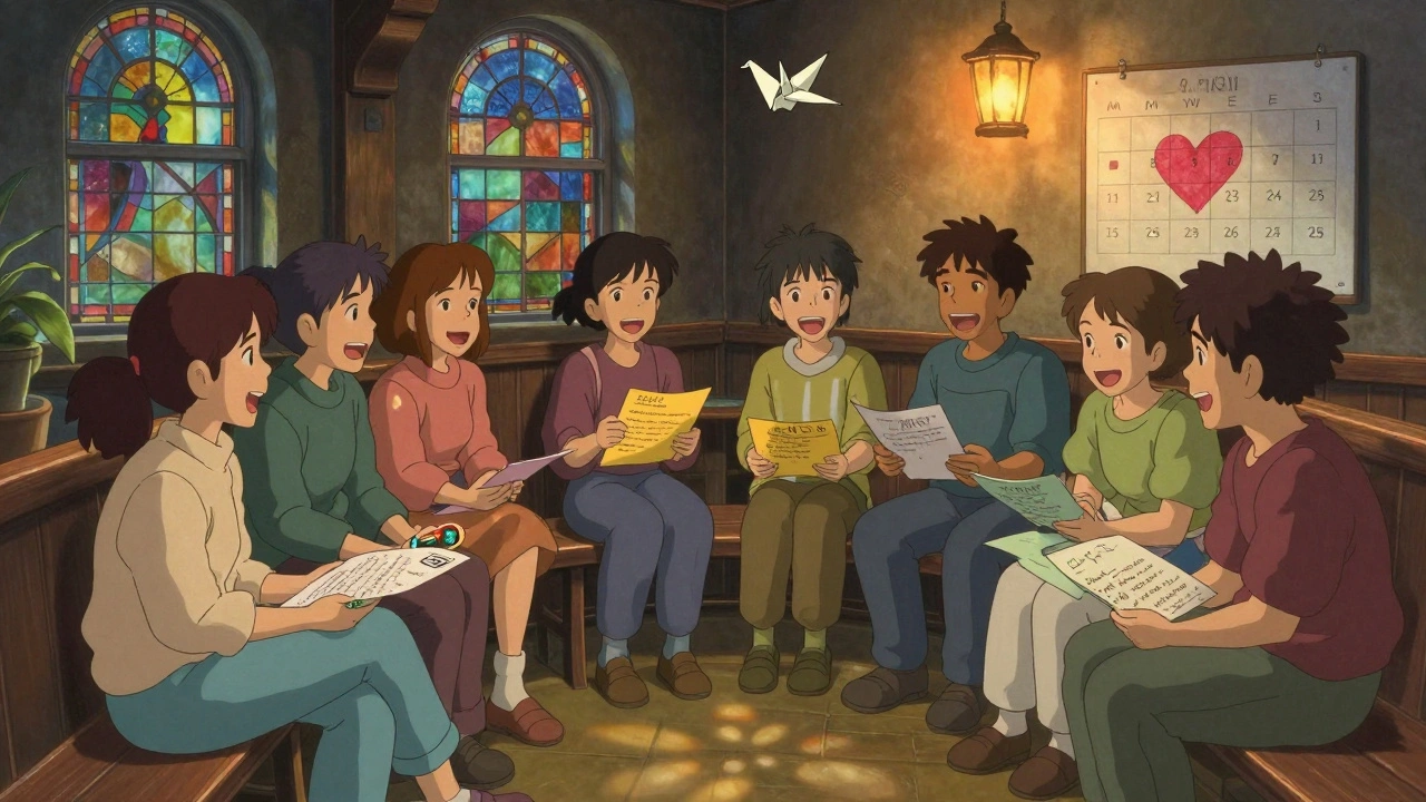 A diverse group shares handwritten plans in a warmly lit community center, with origami cranes floating above them.