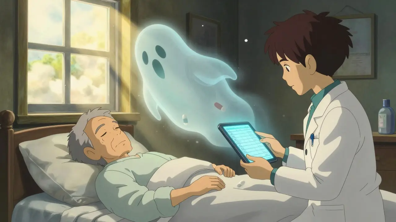 A fading pill ghost above a sleeping man, with a pharmacist showing a safe tapering plan by the window.