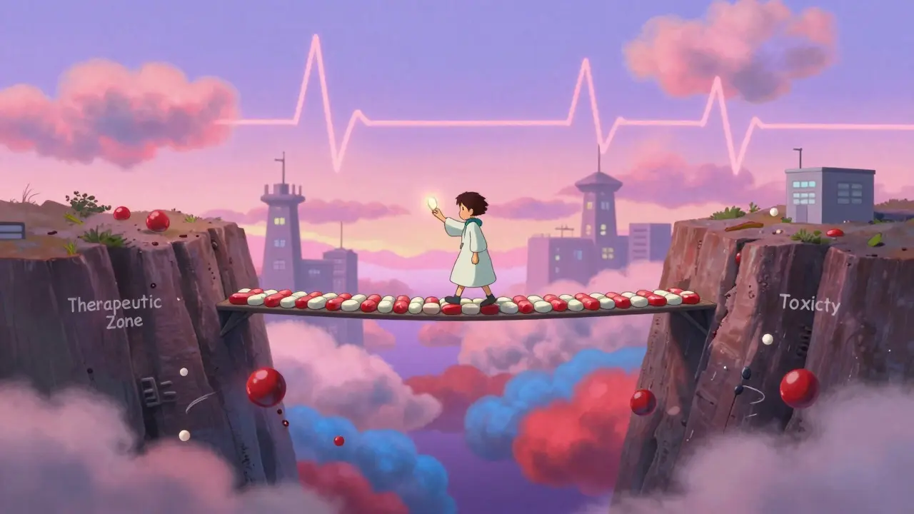 A fragile pill bridge over a chasm between therapeutic and toxic zones, with a patient walking carefully across.