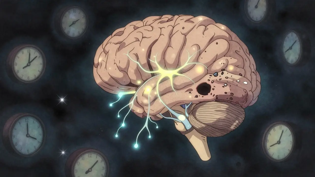 A glowing brain shows depleted dopamine pathways and iron particles around the substantia nigra.