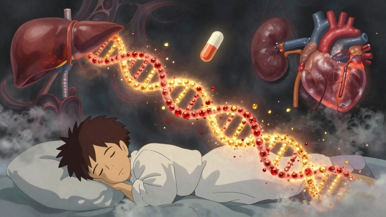 A glowing gene helix releasing particles above a pill, with inflamed organs swirling in a dreamlike storm.