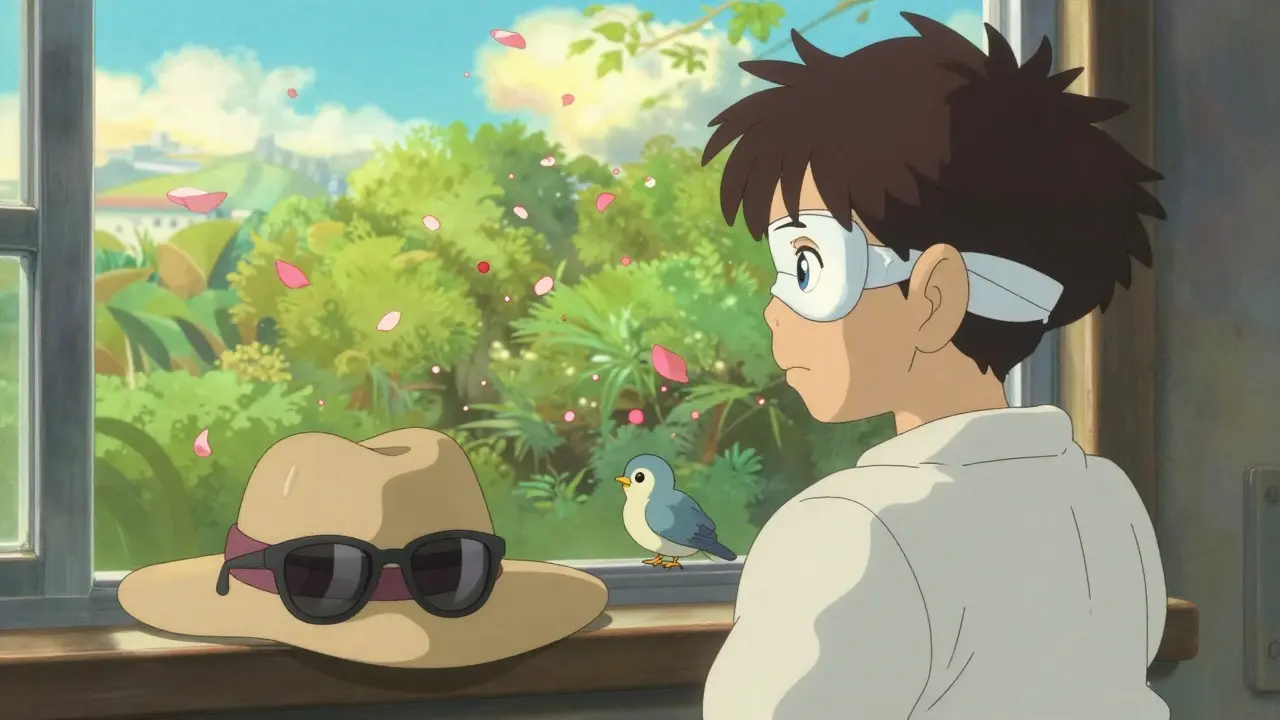 A healed patient looking out a window with sunglasses and a hat beside them, morning light streaming in.