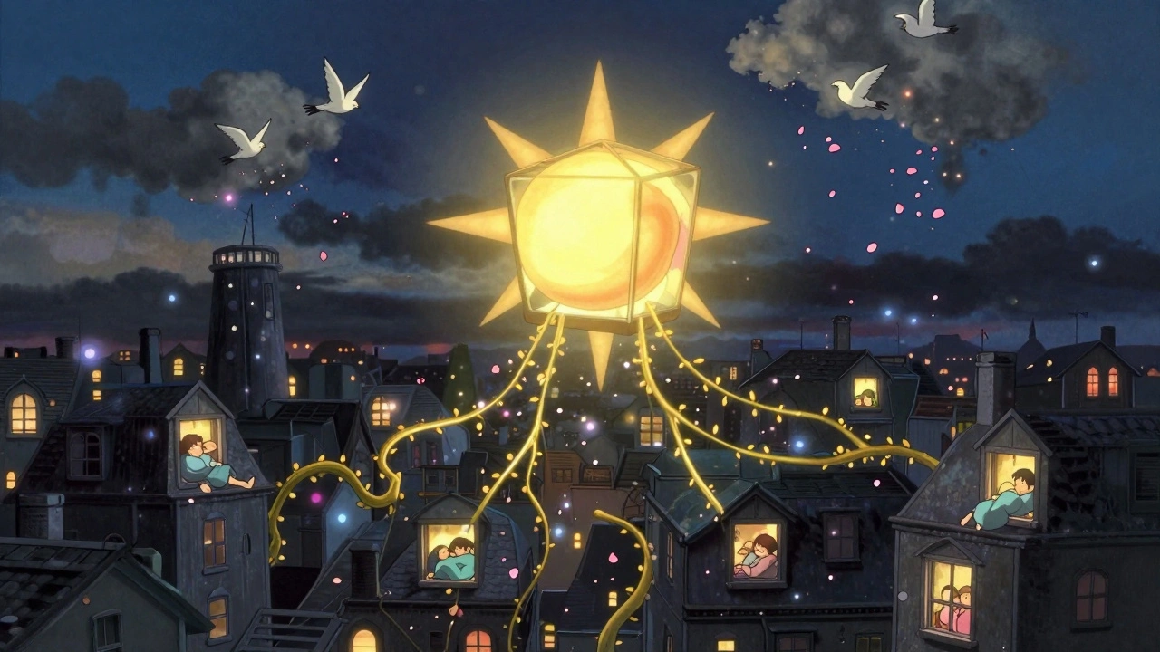 A magical sun-like light box sends golden rays through a dark winter city, awakening sleeping people.