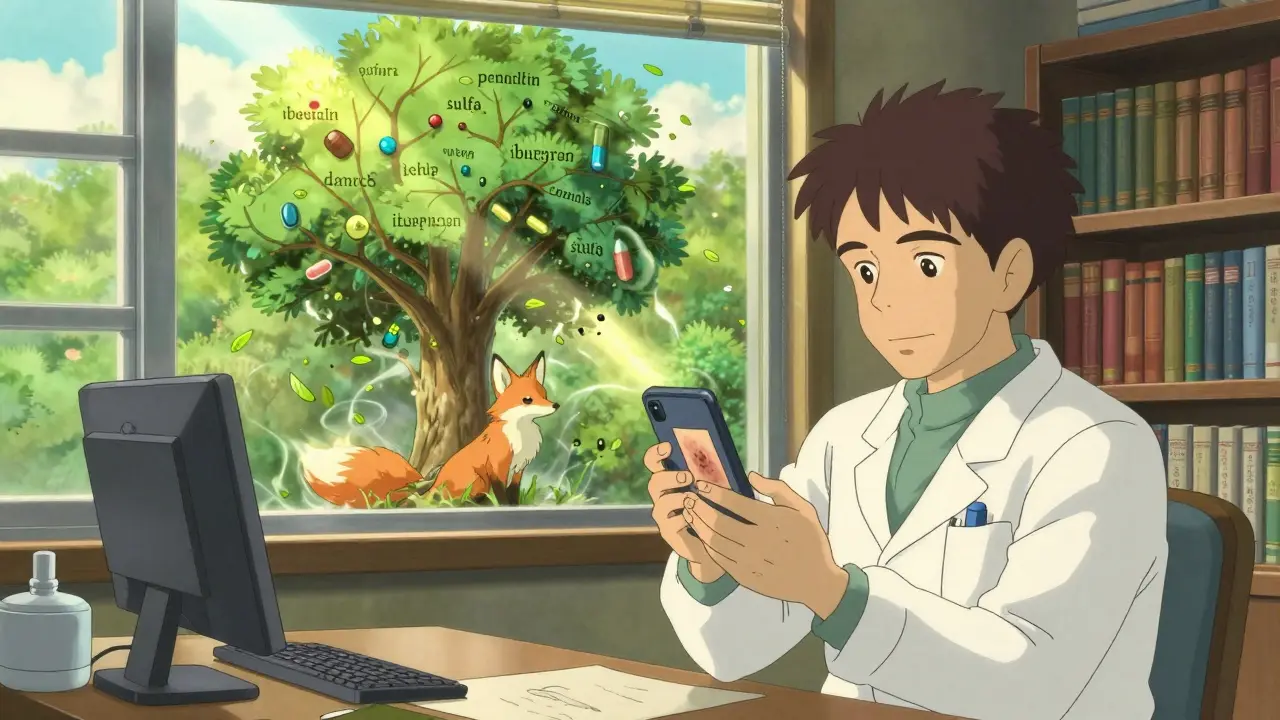 A man holds a rash photo as a spirit transforms it into a tree of drug names, sunlight filling the allergist's office.