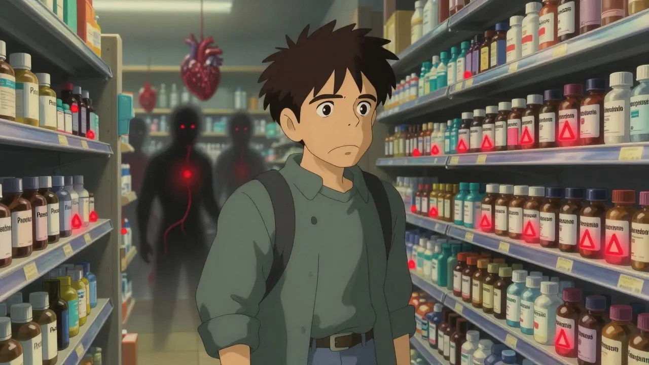 A man in a pharmacy staring at decongestant bottles with faint, ominous heart and blood vessel shadows behind him.