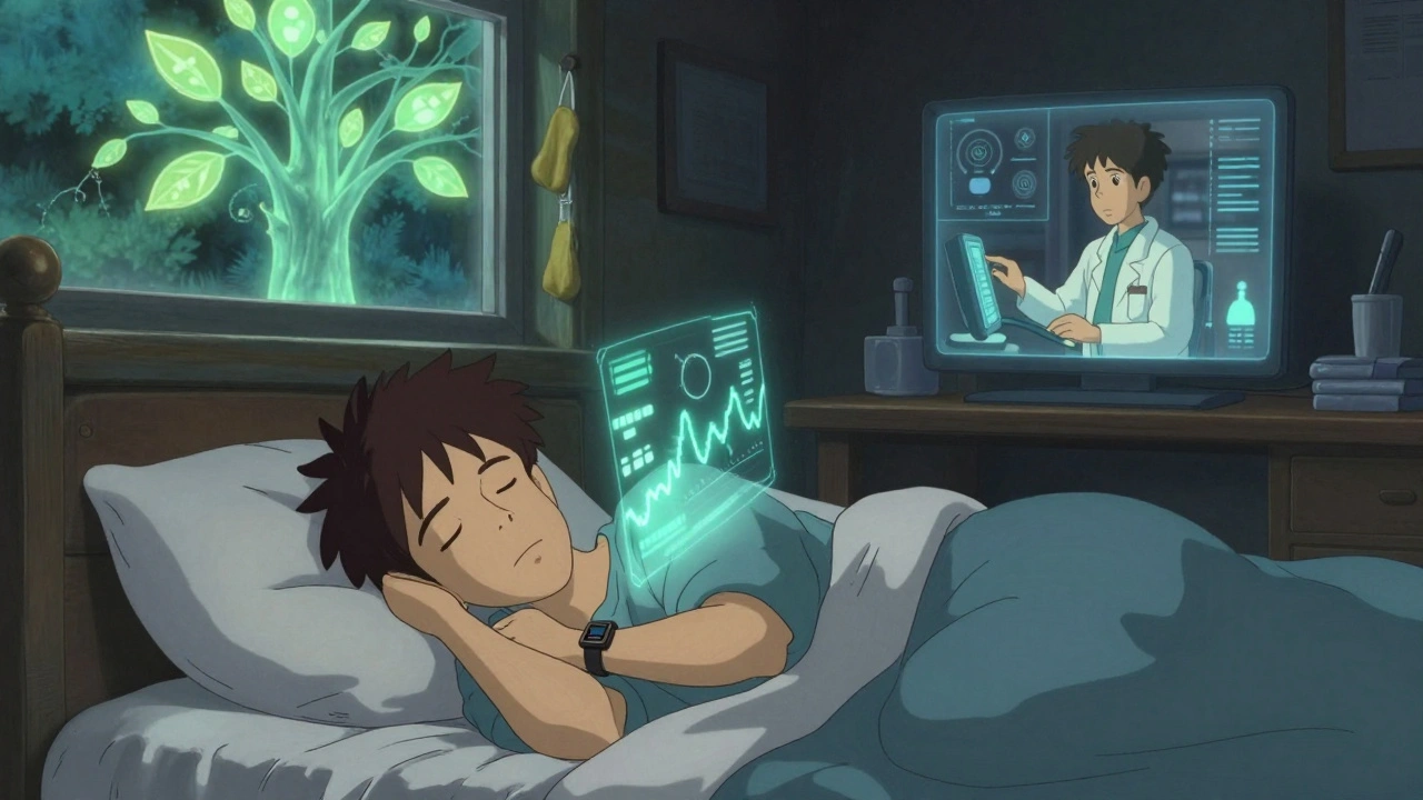 A man sleeps peacefully as his smartwatch projects gentle health data, his wife’s hand resting on his arm.