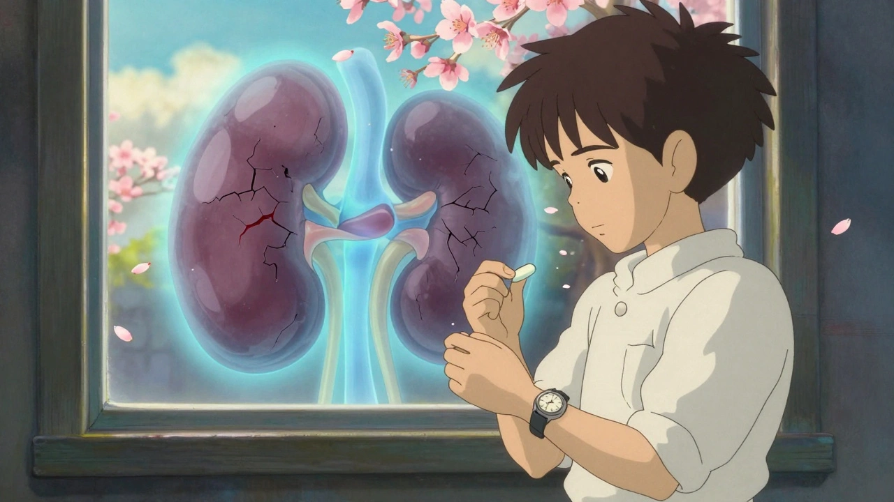 A patient takes their pill as a healthy glowing kidney shines beside a fading damaged one, symbolizing early prevention.