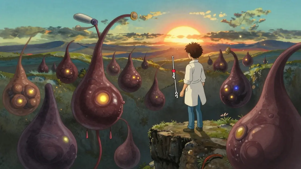 A person facing a valley of glowing veins, with a doctor offering a healing tool as sunrise breaks over the horizon.