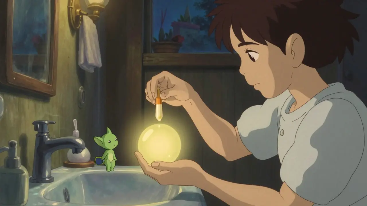 A person inserting a suppository with the help of a gentle forest spirit emitting a soft glowing light.
