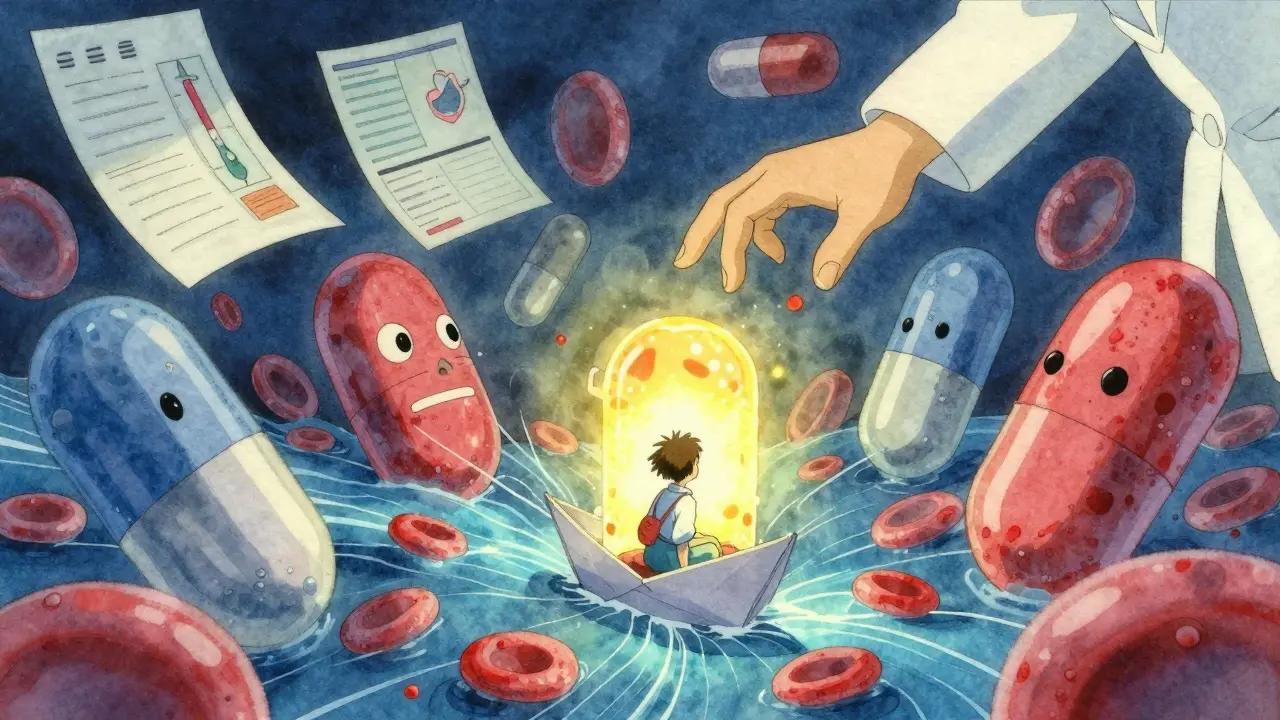 A person rides a paper boat past threatening generic pills in a glowing blood cell river, guided by a brand-name light.