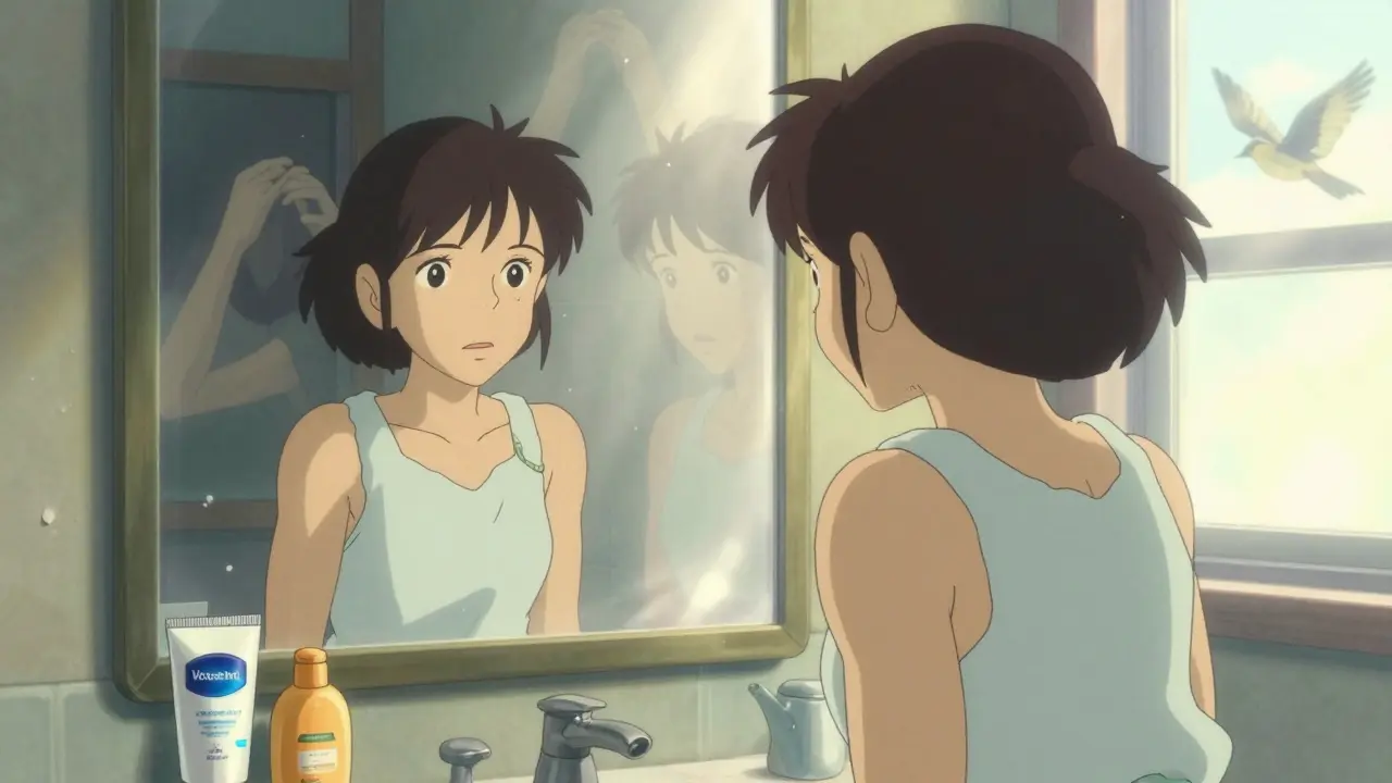 A person seeing their clear reflection in a mirror as their past self fades away.