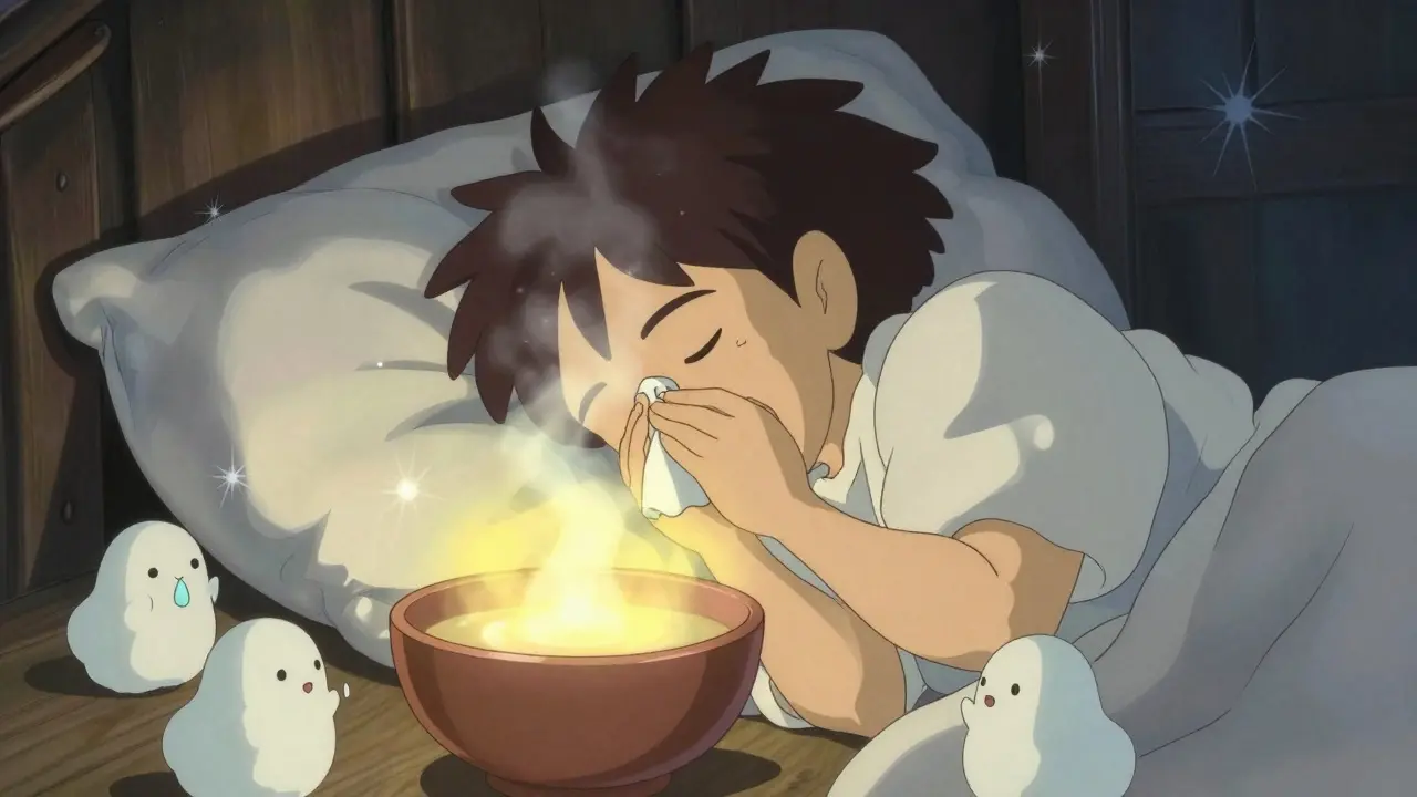 A person sleeping with elevated head, surrounded by gentle steam spirits offering natural congestion relief.