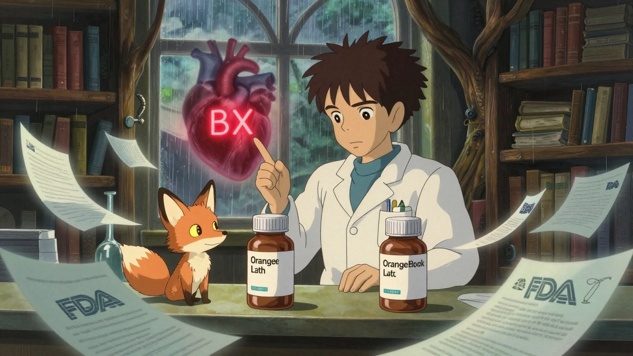 A pharmacist examines two generic pills while a fox-spirit points to a red BX code, with a flickering heart symbolizing patient risk.