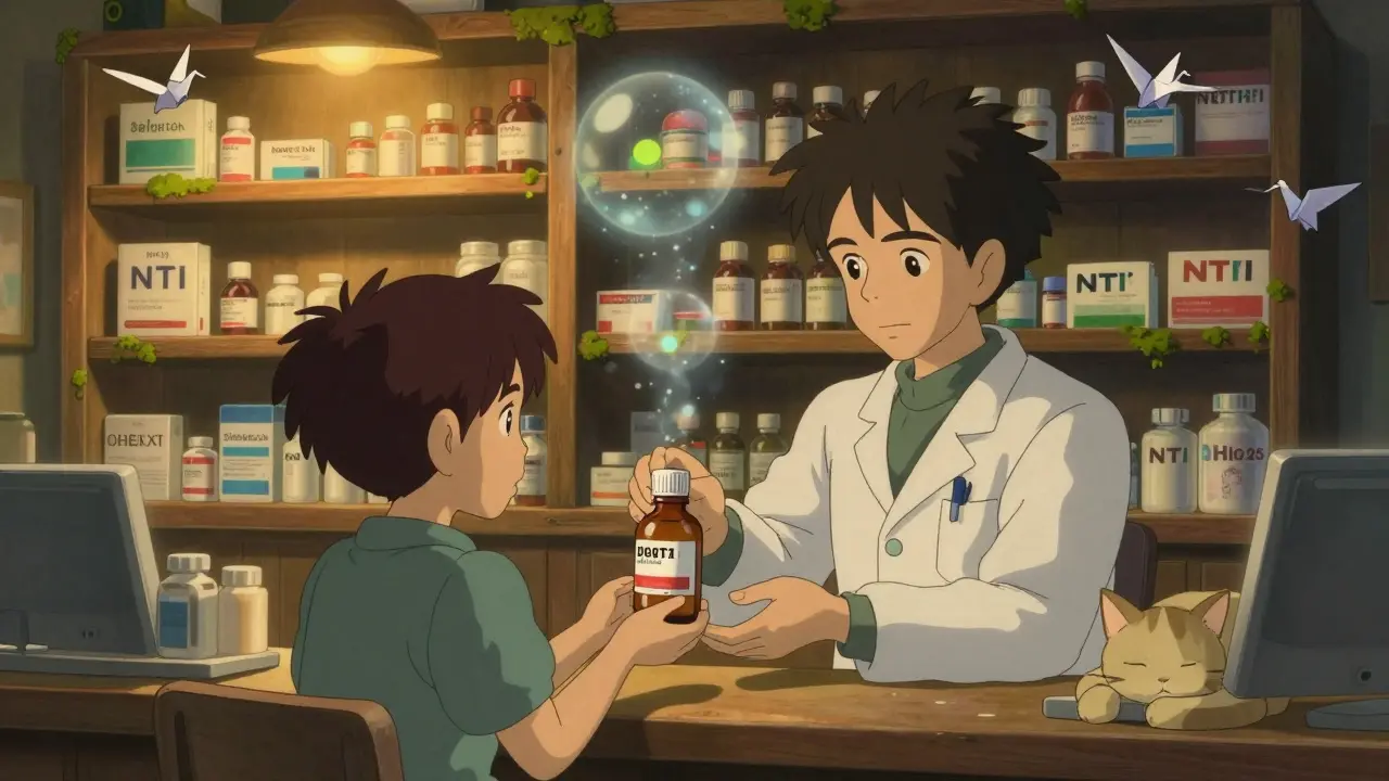 A pharmacist handing a new digoxin bottle to a patient in a warm, cozy pharmacy with expired pills dissolving into light.
