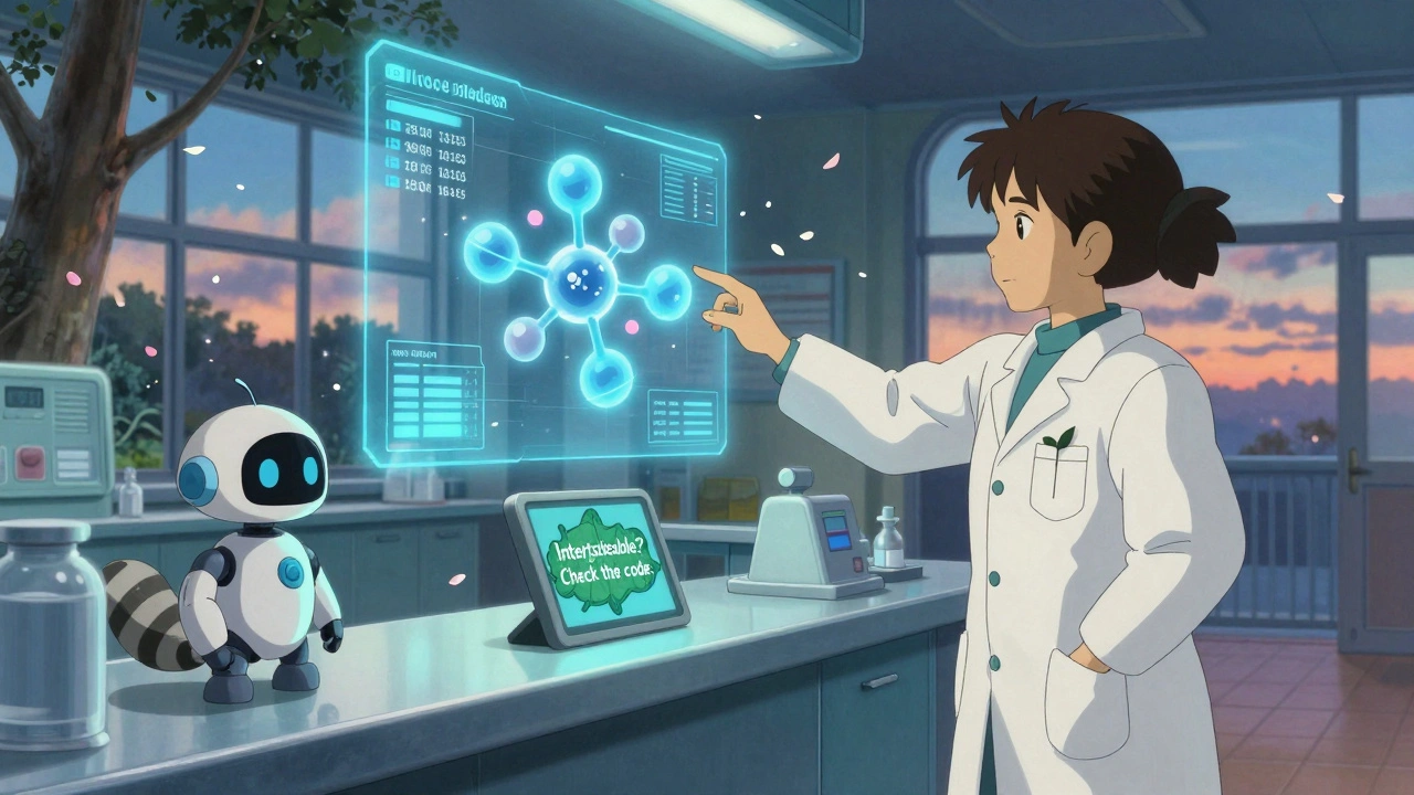 A pharmacist interacts with a holographic biosimilar molecule as a leaf-shaped screen displays a micro-learning reminder.