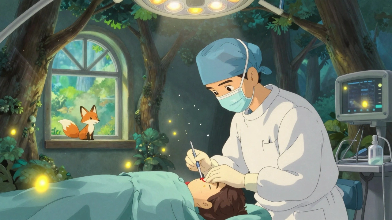 A surgeon removes enlarged tonsils in a magical forest operating room with fireflies guiding the procedure.